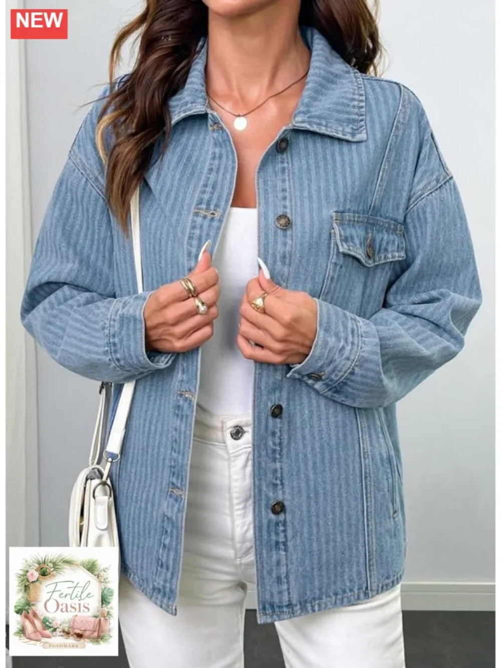 Striped Denim Shacket for Women Cotton Blend Button Down Shirt Jacket
